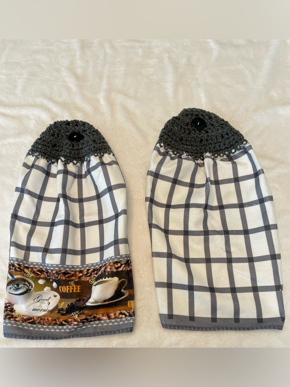 Handmade Coffee Design Black & White Plaid Kitchen Hanging Towels - Set of 2.
